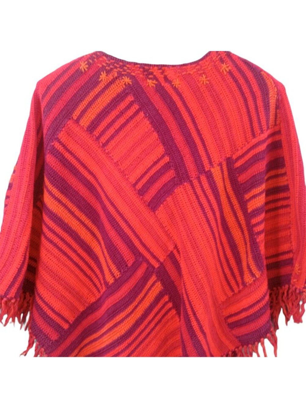 Vintage Jane Seymor Womens Poncho Size OS Fringe Patchwork Knit Red Purple V Nec - Picture 6 of 7